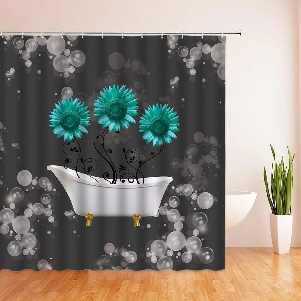 

Бирюзовая серая занавеска для душа, голубая искусственная абстрактная листья на ванной с мечтательными пузырьками, креативная Современная...