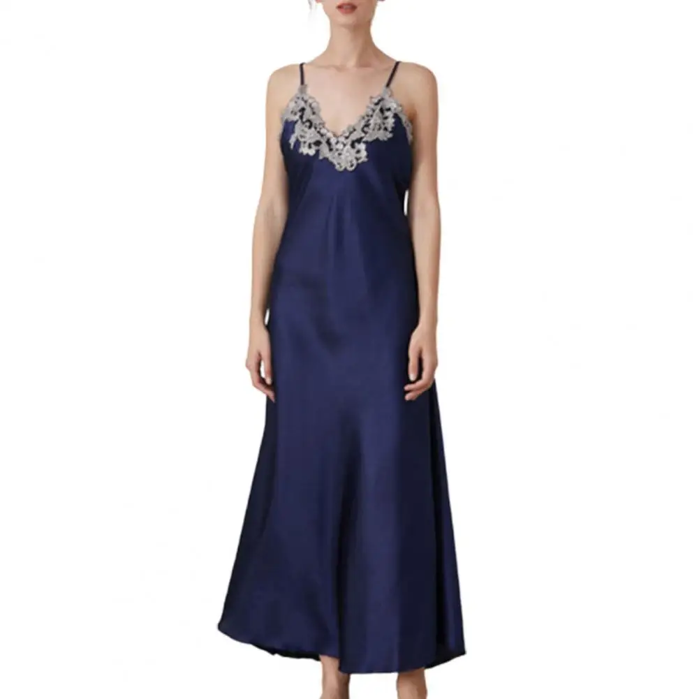 

Women Nightdress Summer V Neck Floral Lace Spaghetti Straps Satin Nightwear Sexy Loose Fit Ladies Long Nightgown Bedroom Wear