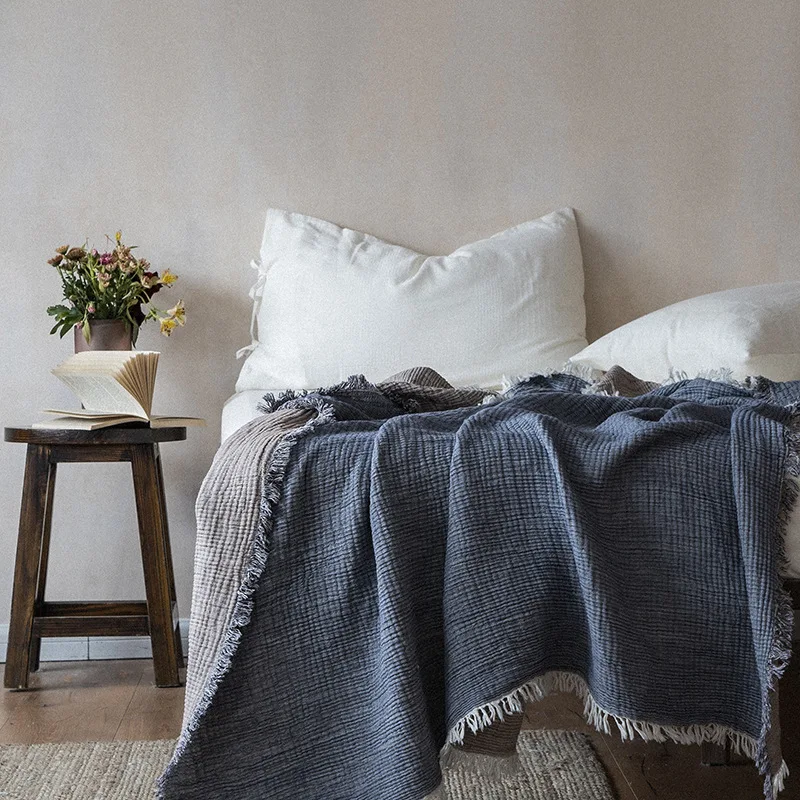 

Classic Muslin Solid Knitted Throw Blanket With Tassels Bed Runner for All Seasons Office Sofa Adult Shawl Blankets 130X170CM