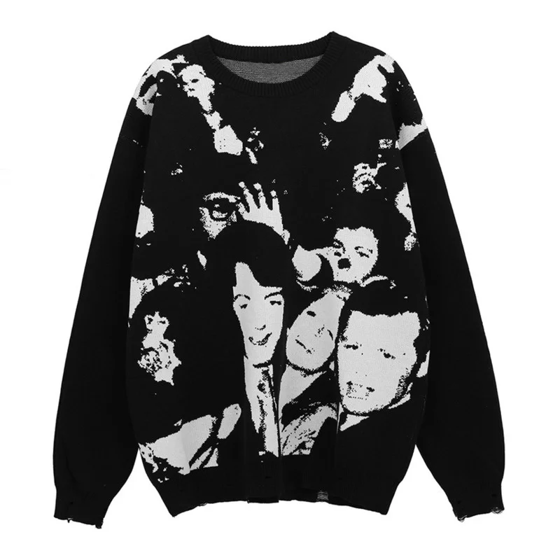 

2023 Harajuku Men Autumn Sweater Cartoon Japanese Street Crowd Print Knitted Jumper Sweater Male Streetwear Pullover Sweaters
