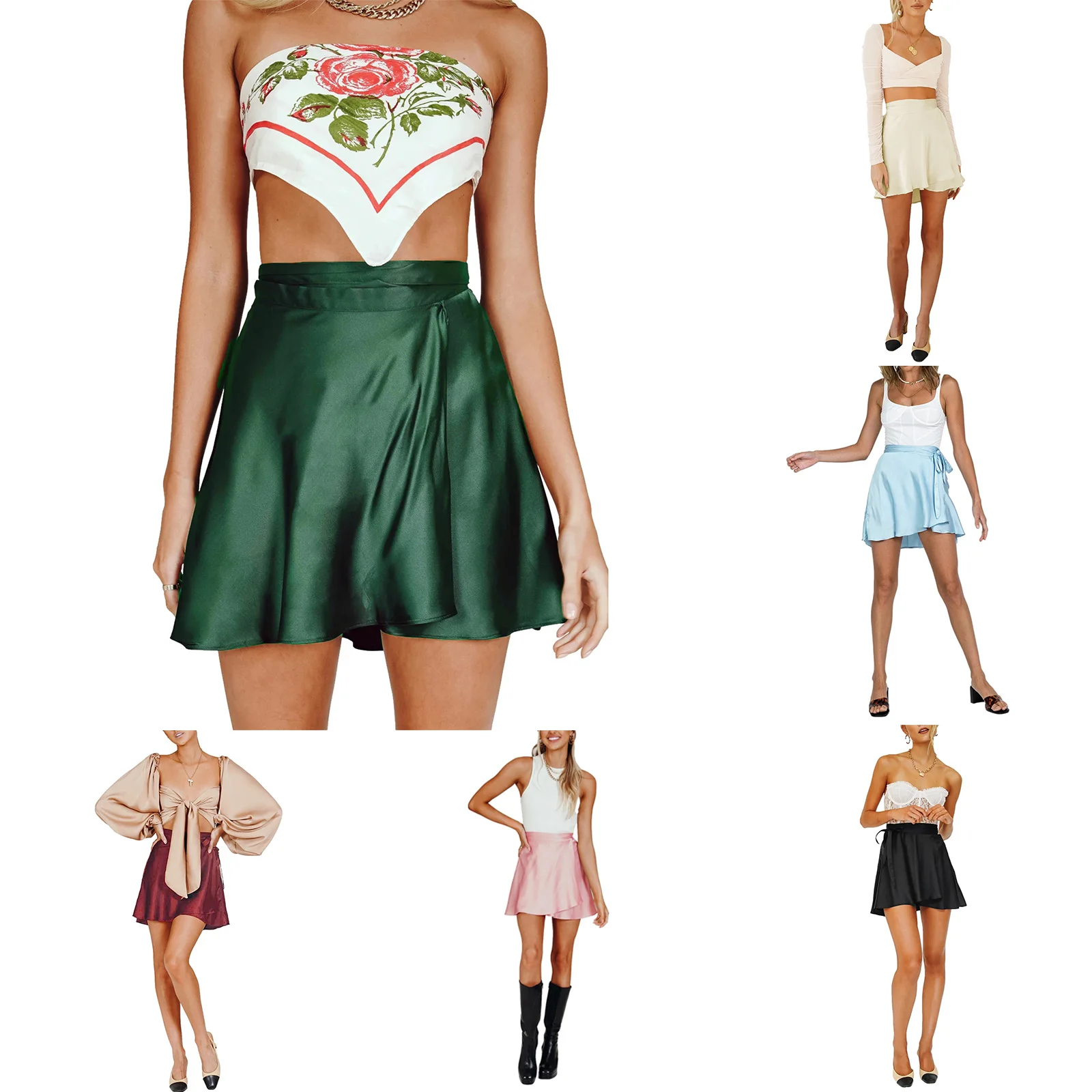 

Women High Waist Short Skirt, Solid Color Large Hem Mini Skirt with Strap for Summer