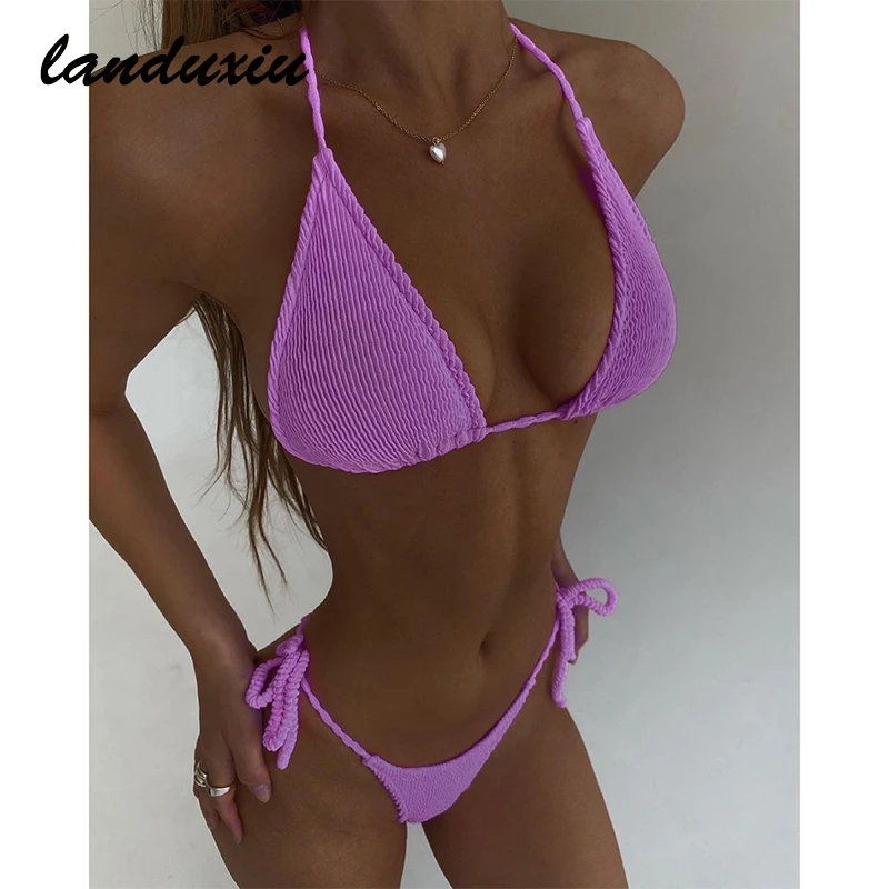 

Landuxiu Sexy Bikini 2022 Push Up Women Swimsuit Female Micro Set Solid Swimwear Bathing Suit Lace Up Triangle Brazilian Biquini