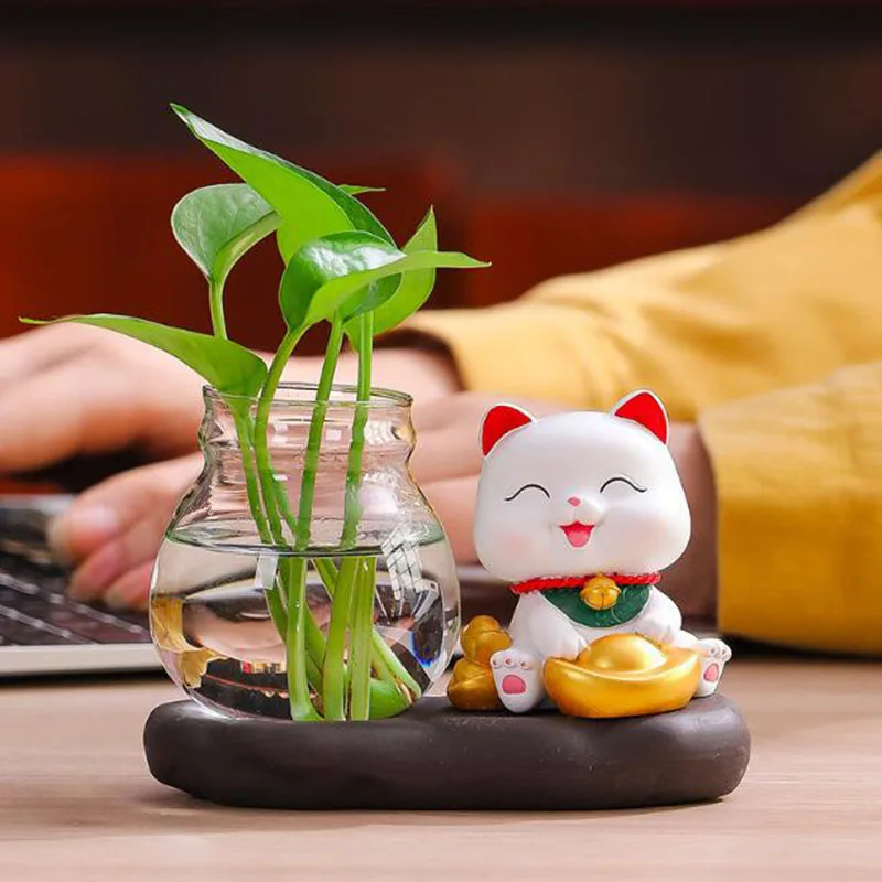 Китайский стиль горшок гидропоники с фигуркой кошки Фортуны, креативные офисные столешницы, декоративные предметы для дома, зеленый контейнер для растений из стекла.