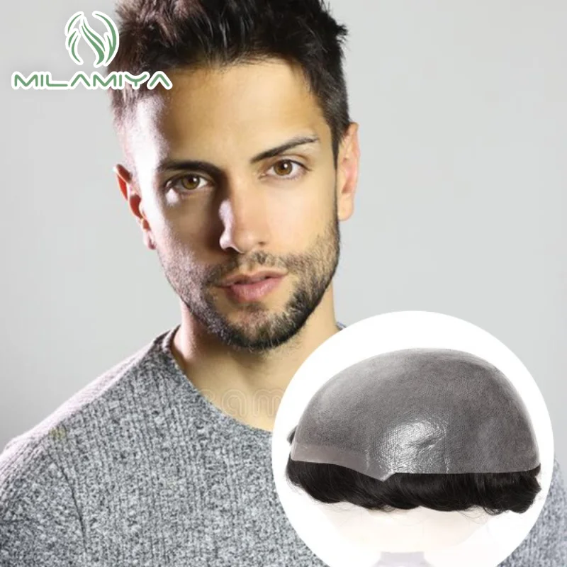 Male Hair Prosthesis 0.12-0.14mm Injection Skin Toupee Men Durable Wigs For Men 100% Human Hair System Unit Capillary Prosthesis