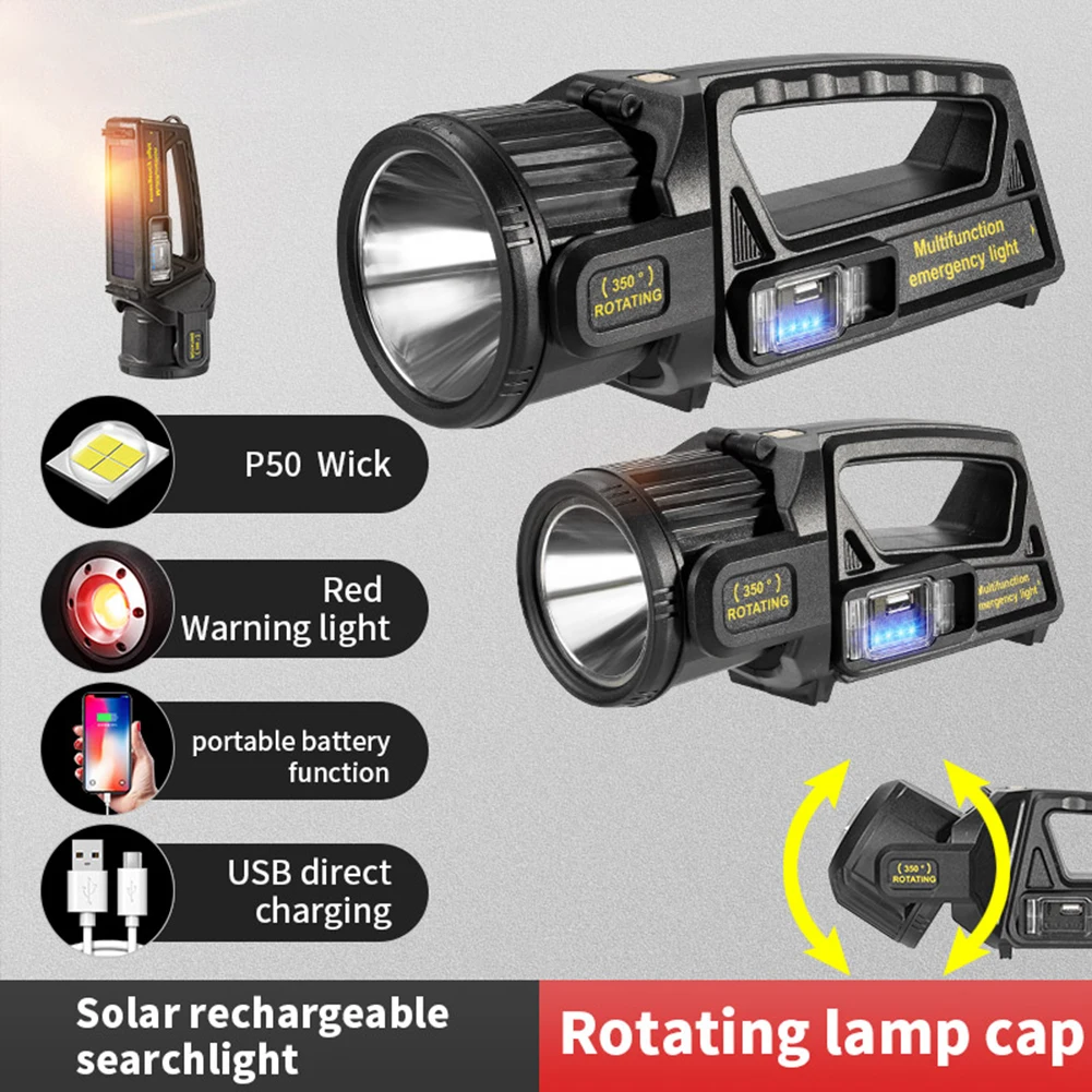 

LED Solar Flashlight Searchlight Multifunctional Handheld Lantern Dimmable Power Display Rotatable Torch for Outdoor Equipment