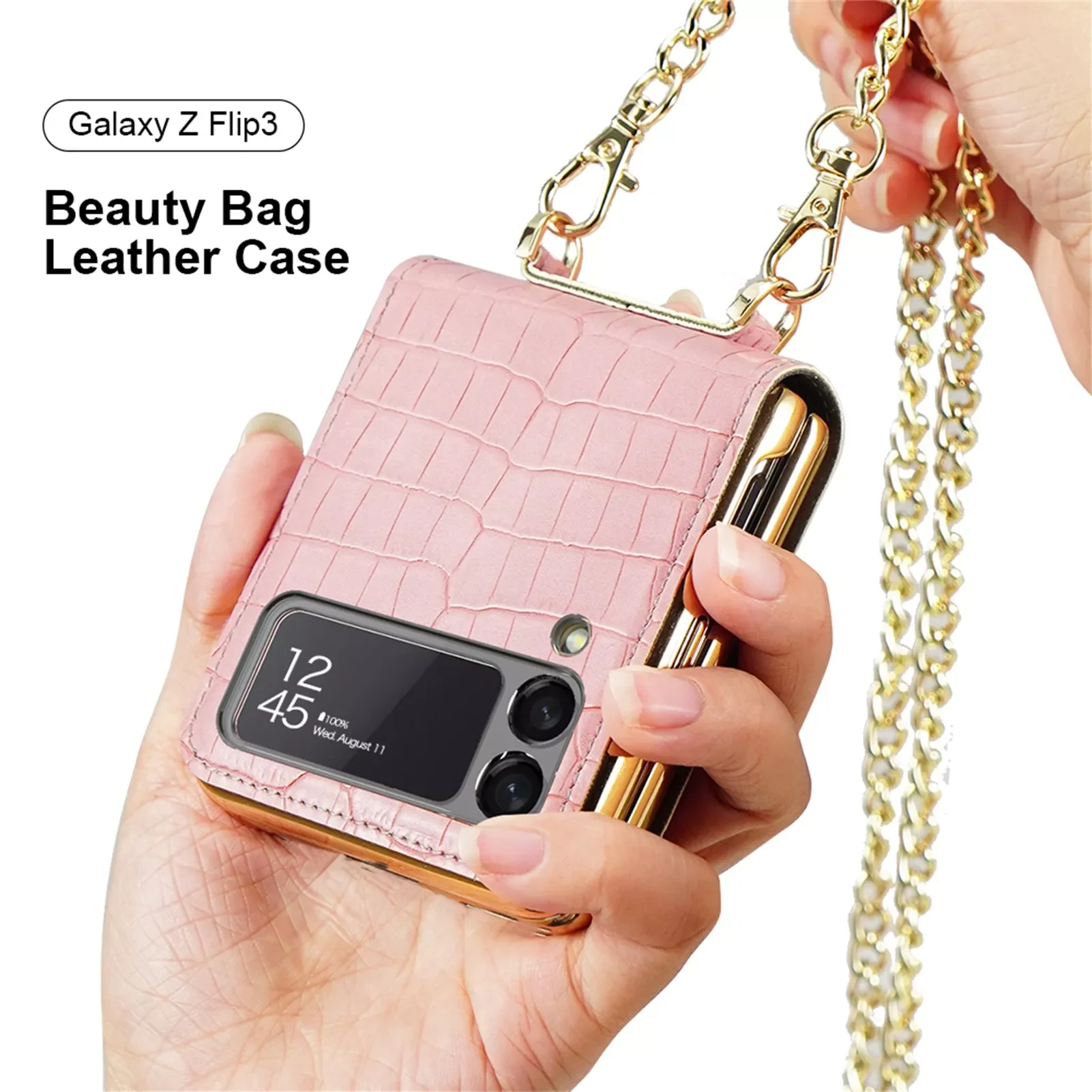 

Case Galaxy Z Flip 3 5G Chain Full Protection Cover Camera Glass Crocodile Leather Back Case With Makeup