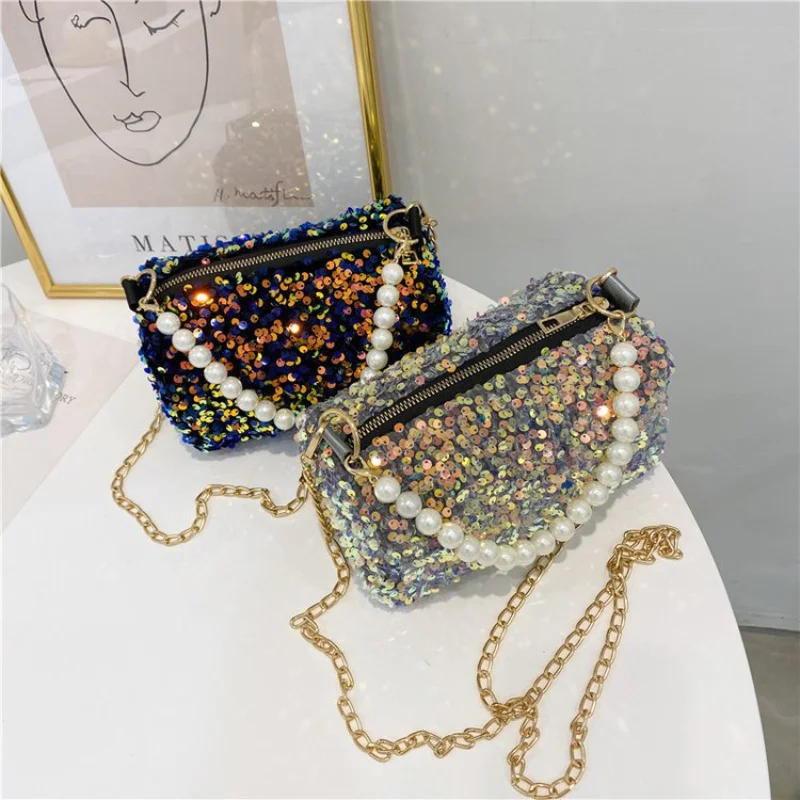 

Fashion Women Pearl Sequins Cylinder Bags Chain Handbag Solid Color Ladies Hand Bags Crossbody Tote for Women Shopping Travel