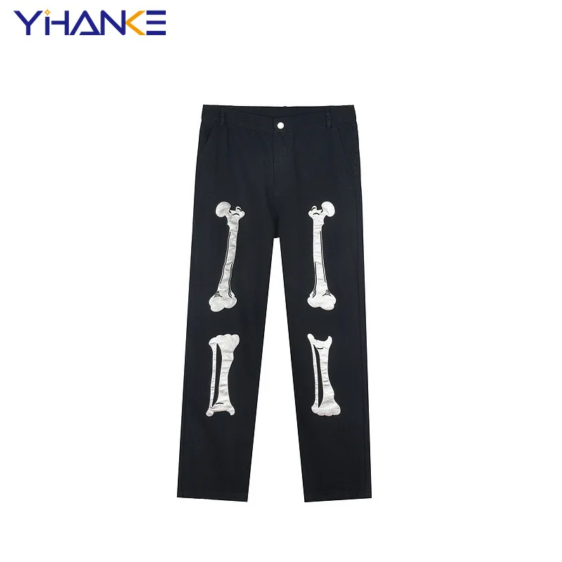 Мужские модные брендовые уличные джинсы в стиле хип-хоп со светоотражающими вставками, свободные трендовые прямые модные мужские джинсы