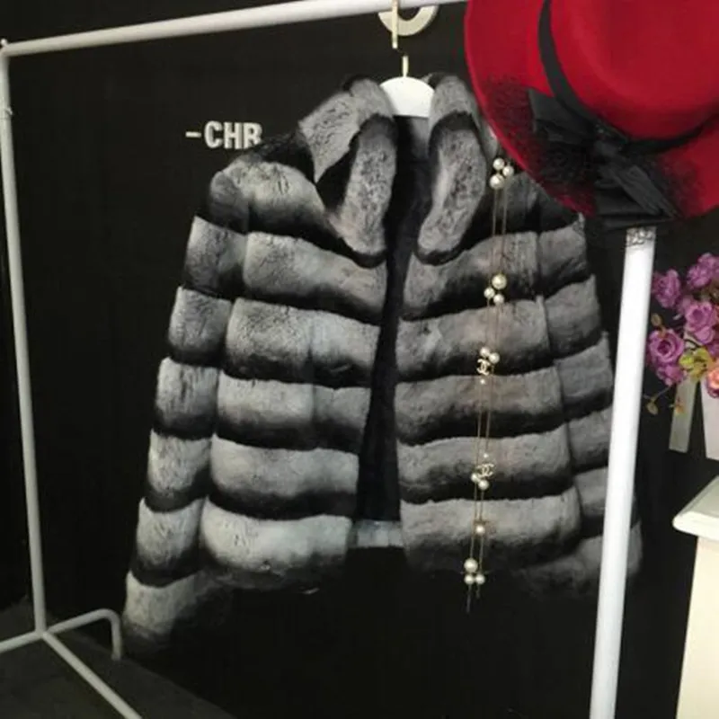 Russian Fashion Women Real Fur Coat Winter Warm Stand Collar Natural Chinchilla Rex Rabbit Fur Coat DA-77