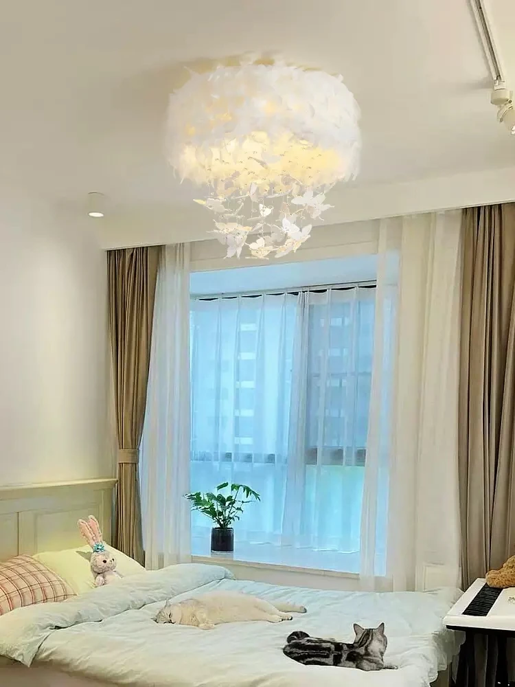 

Nordic romantic star feather ceiling lamp Girl Bedroom children's room lamp Princess creative white feather ceiling lamp