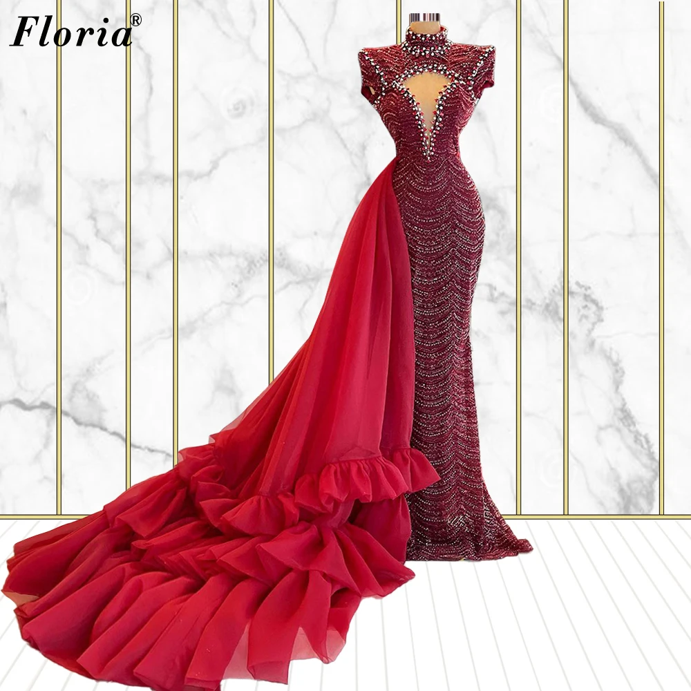 

High Neck Burgundy Beads Evening Dresses With Detachable Train Vintage Mermaid Evening Gowns Robes De Soirée Wedding Party Dress