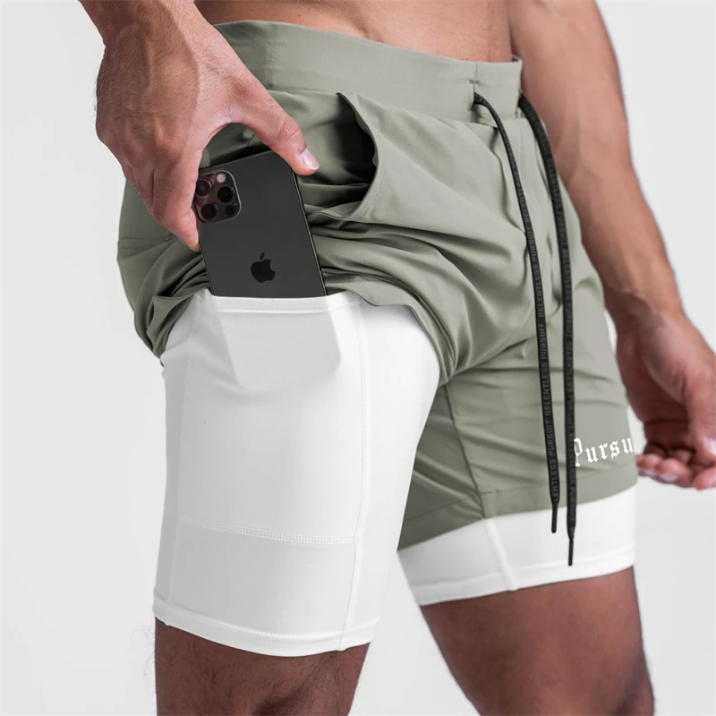 Summer New Sports Double Layer 2-in-1 Men's Shorts Workout Pants Multi Pockets Tight Inside and Loose Outside Men's Pants