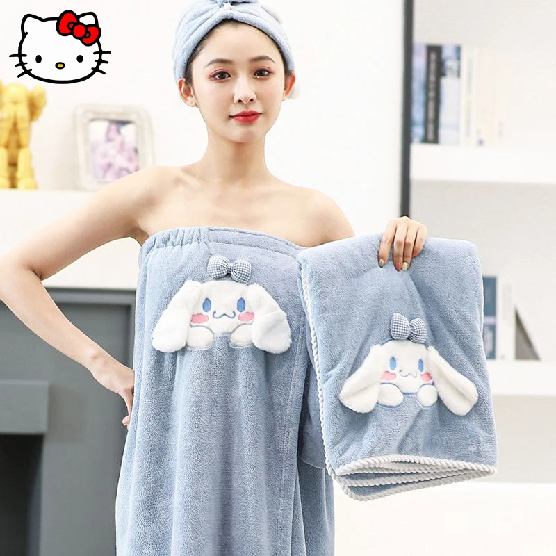 

Kawaii Cinnamoroll Ladies Bathrobe Sanrio Anime Wearable Soft Quick Drying Bath Towel Girl Portable Dry Hair Cap Bath Skirt Gift