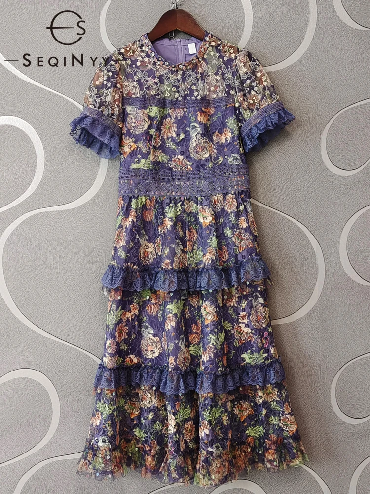 

SEQINYY Casual Purple Dress Summer Spring New Fashion Design Women Runway High Street Lace Flowers Print Knee Beading