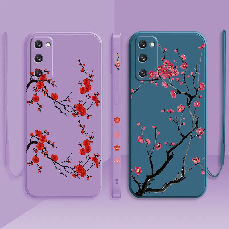 

Fashion Liquid Phone Case For Samsung Galaxy S20 S21 S22 FE S10 S9 S8 Lite S10e Note 20 Capa Red Flower Plum Blossom Wintersweet