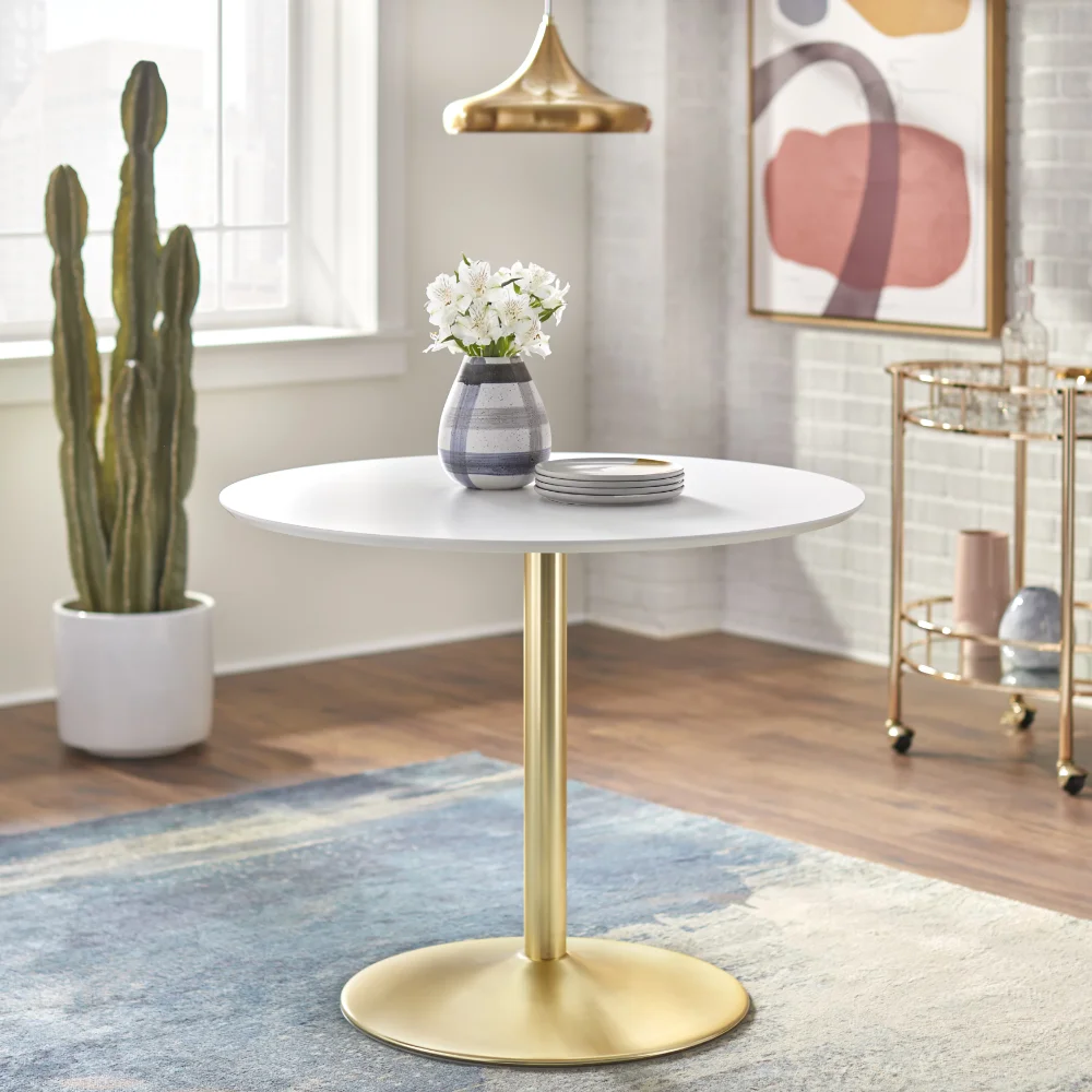 

Pisa Round Contemporary Dining Table, White Top with Gold Tone Pedestal Base, Seats Up To 4，35.40 X 35.40 X 29.10 Inches