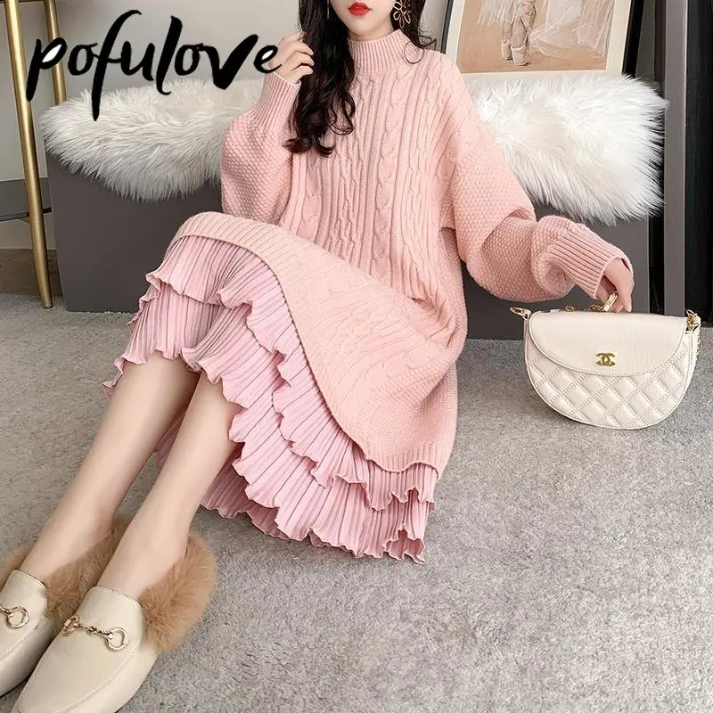 

Sweater Dress Women's Long Knee Length Relaxed Outwear Solid Knitted Dress Autumn and Winter Turtleneck Dropshipping