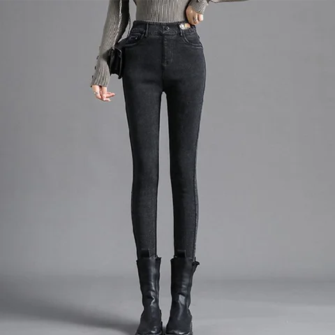   Fleece Jeans Thick Women High Waist Skinny Jeans Simple Fleece Warm Slim Fit Stretch Ladies Casual Denim Pencil Pants