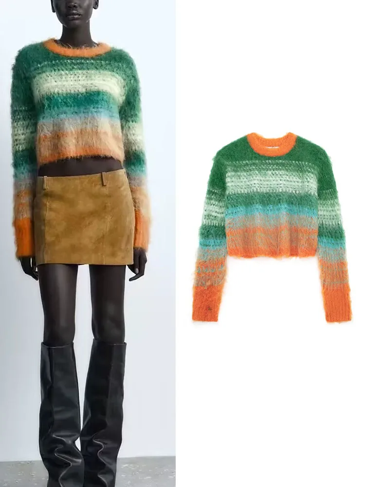 

TRAF 2023 Autumn Winter Women Retro Gradient Striped Knitwear Sweater O-neck Long Sleeve Female Pullover Fashion Short Sweater