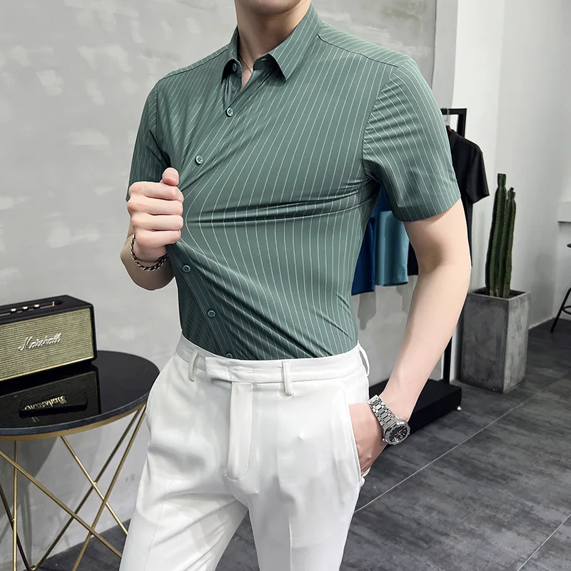 

Men Summer Striped Shirts Mens Fashion Short-Sleeve Slim Social Casual Shirts Male High Stretch Business Formal Dress Shirts