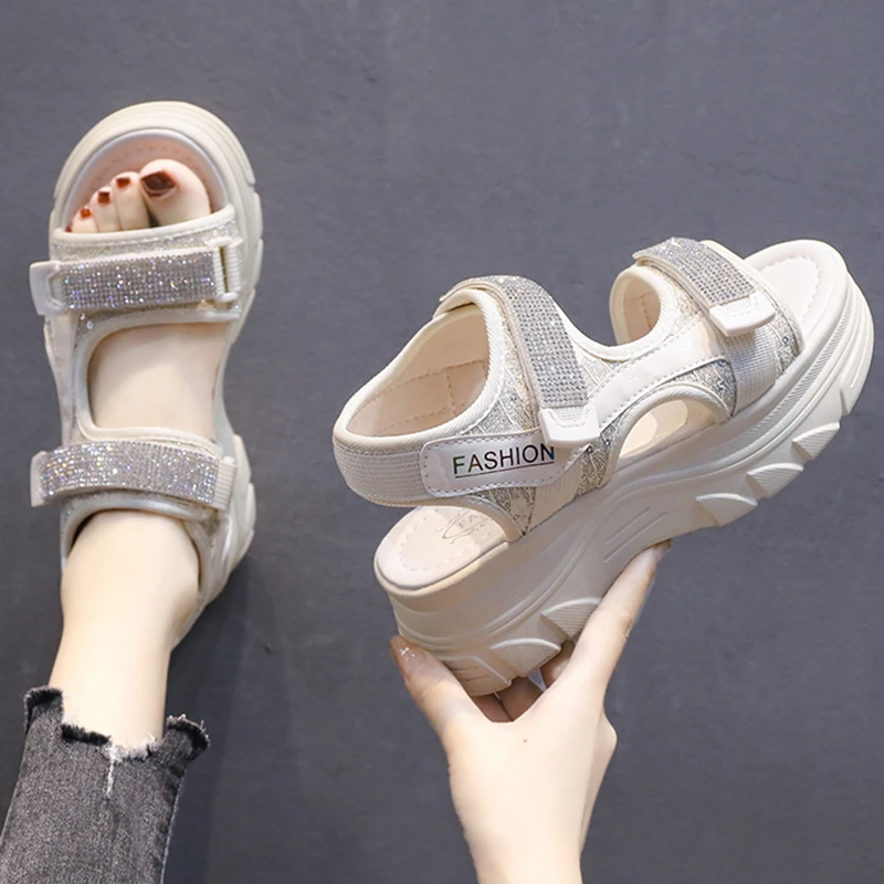 

Lucyever Fashion Crystal Platform Women Sandals 2022 Thick Bottom Summer Woman Shoes Solid Color Open Toe Mesh Sandalias Female
