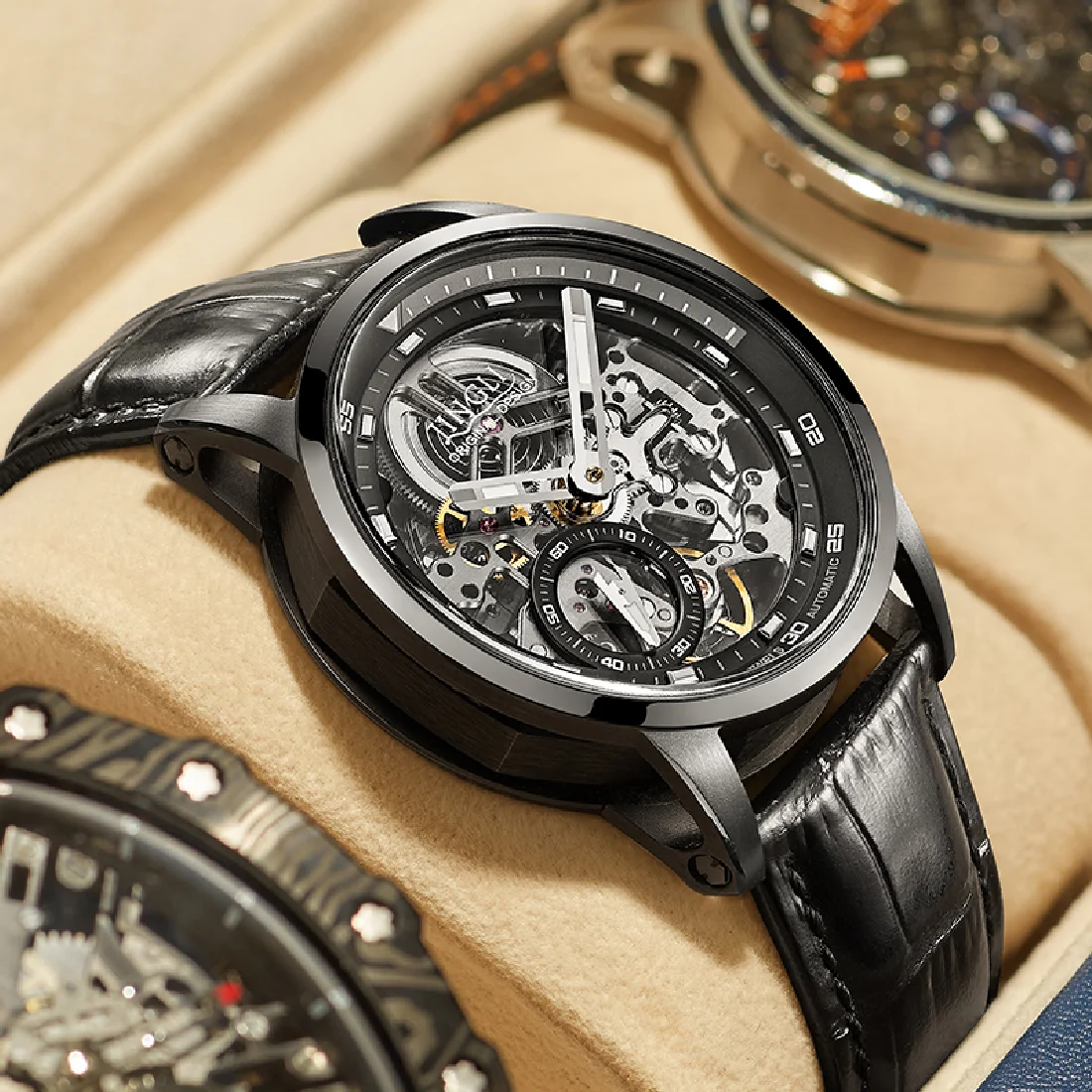 

JINLERY Real Tourbillon Watch for Men Automatic Mechanical Watches Skeleton Waterproof Luxury Wristwatch Self Wind Male Clock