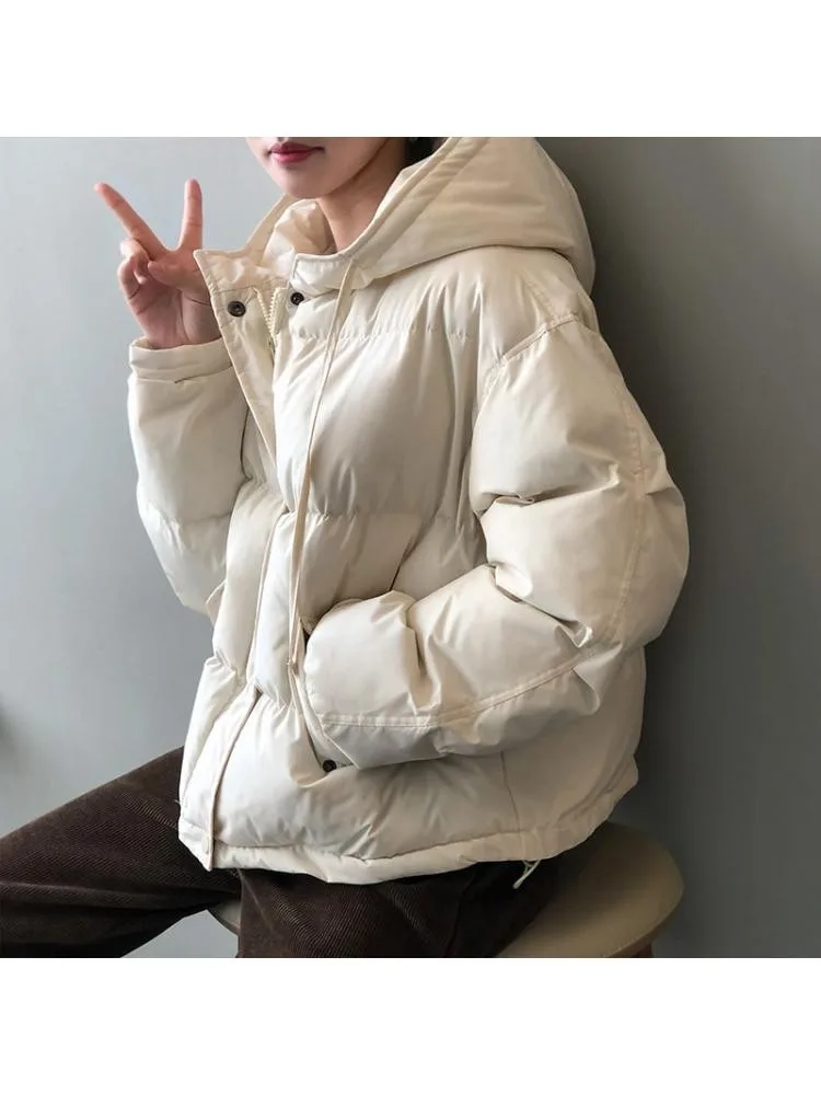 Black Short Thick Cotton-Padded Hooded Parkas Jacket Women 2022 Winter Korean Version Loose Warm Bread Clothing Coats