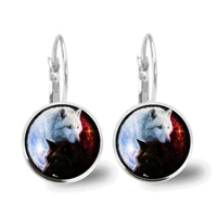 yin yang black and white wolf glass cabochon earrings french earrings wolf totem female earrings small gift