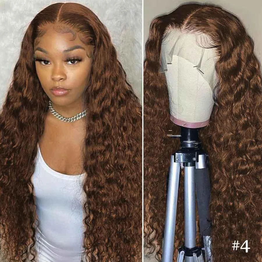 

Плотность 180, вьющиеся волнистые передние парики на сетке, шоколадно-коричневые 13x 4 парики на сетке спереди для женщин, предварительно выщипанные цветные парики из человеческих волос