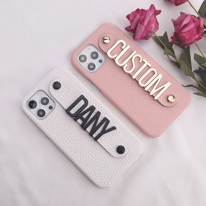

Holding Strap Custom Name Gold/Black Big Metal Letter Leather Phone Case For iPhone14 14Pro Max 14plus 13 Phone Cover