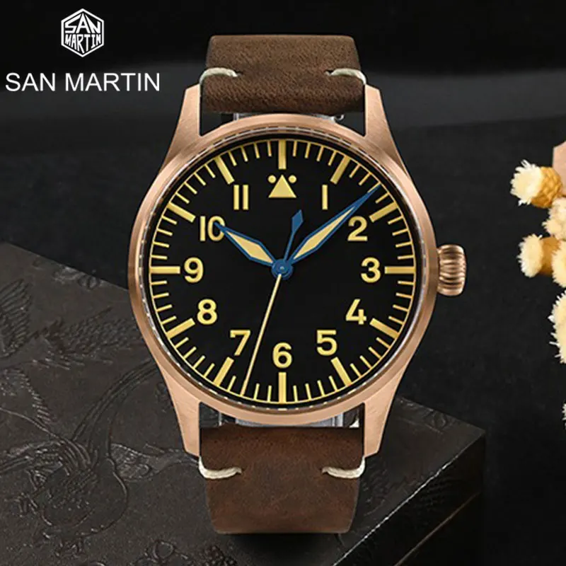 

San Martin 41mm Cusn8 Bronze Pilot Watch NH35 Automatic Mechanical Men Watches Military Simple Sapphire 10Bar Leather Relojes