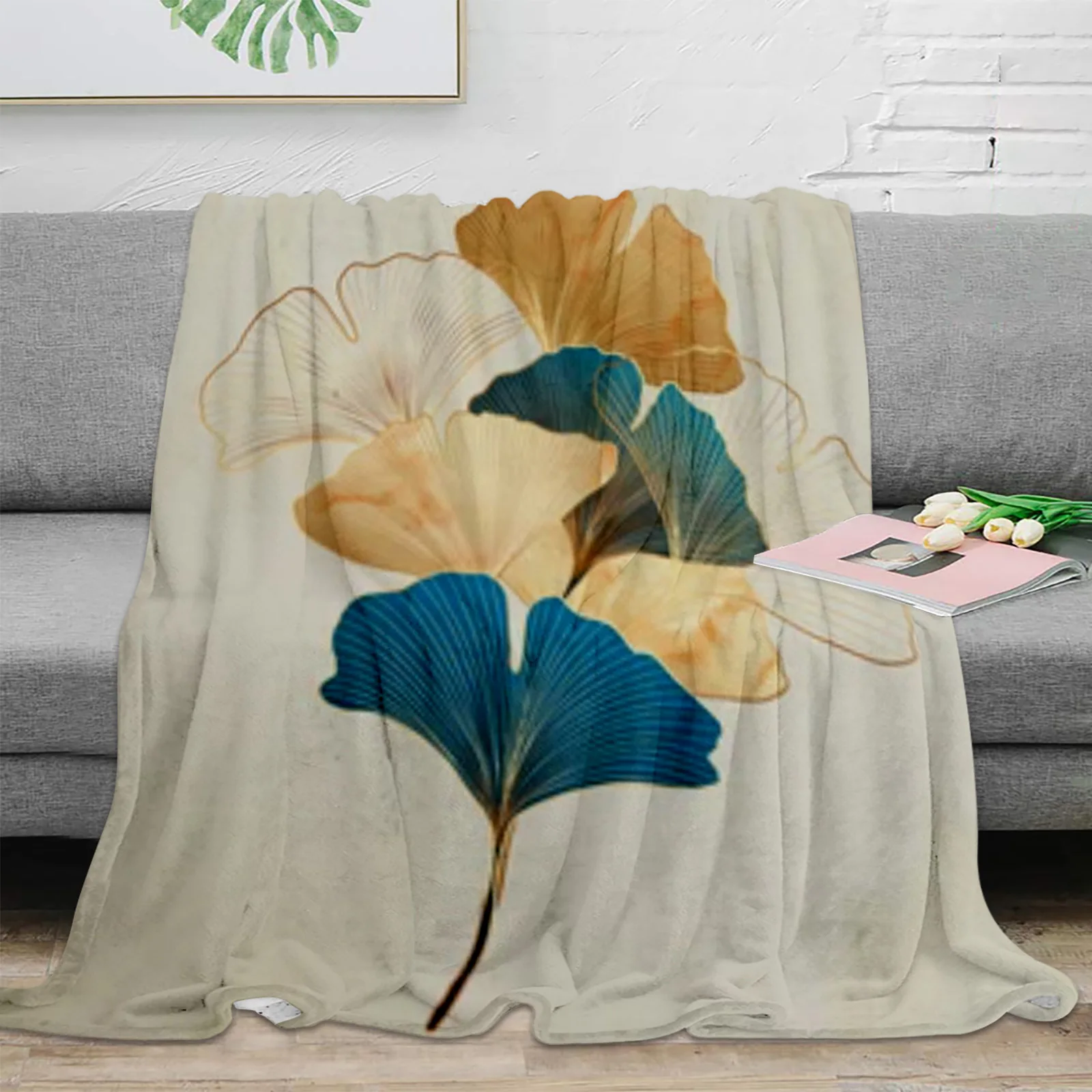 

Ginkgo Leaves In Vintage Style Throw Blanket For Sofa Bed Bedroom Bedspread Soft Microfiber Flannel Throw Blanket For Kids Gifts