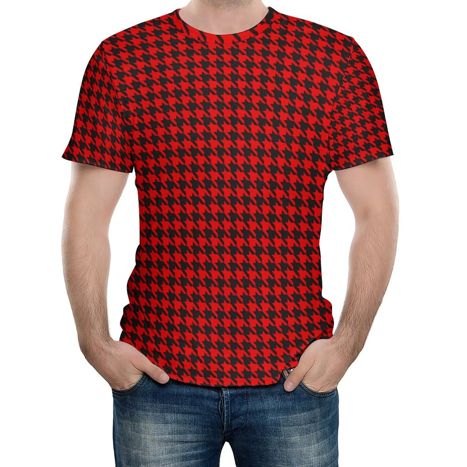 

Houndstooth Print T-Shirt Red And Black Street Style T-Shirts O Neck Trending Tshirt Summer Men Pattern Clothes Big Size 5XL 6XL