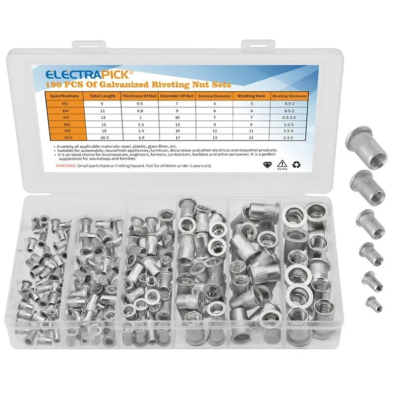 

190/93 шт. алюминиевые заклепки, глухие набор гаек, резьбовая вставка, гайка, колпачок, заклепки с плоской головкой, гайки из углеродистой стали M3 M4 M5 M6 M8 M10