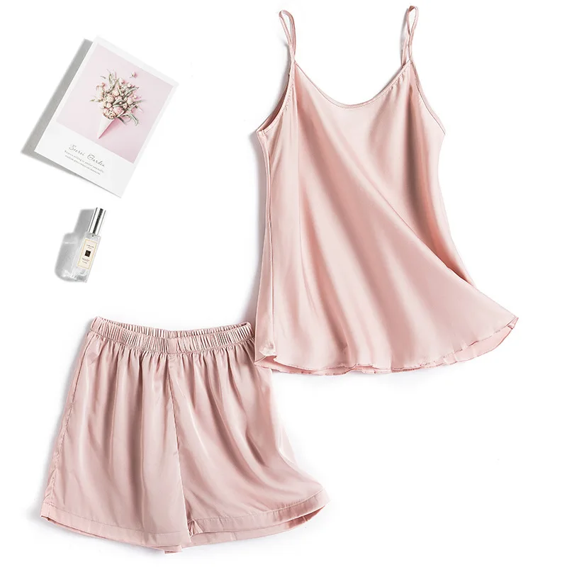 2 Pcs Summer Pajamas Women Silk Slip and Pants Ladies Satin Sleepwear Solid Comfortable Pijama Suit Home Cloth for Female 2022