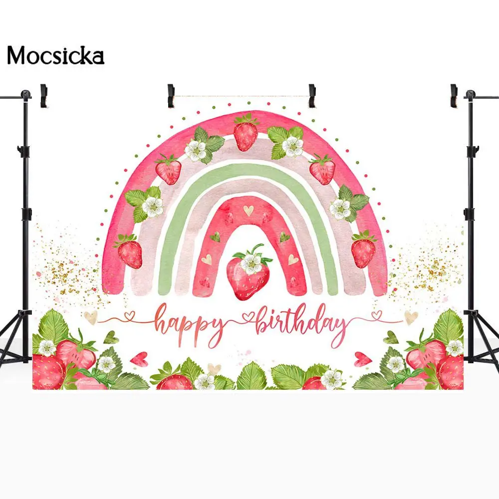 

Mocsicka Sweet Strawberry Rainbow Baby Birthday Backdrop Child Girl Birthday Party Decoration Photo Background Photocall Banner