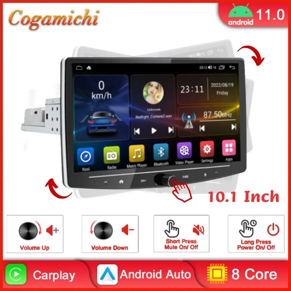 10 Inch 1 Din Car Radio Android Knob Touch Screen Carplay GPS Navigation Rotatable Multimedia Player Stereo Universal Head Unit