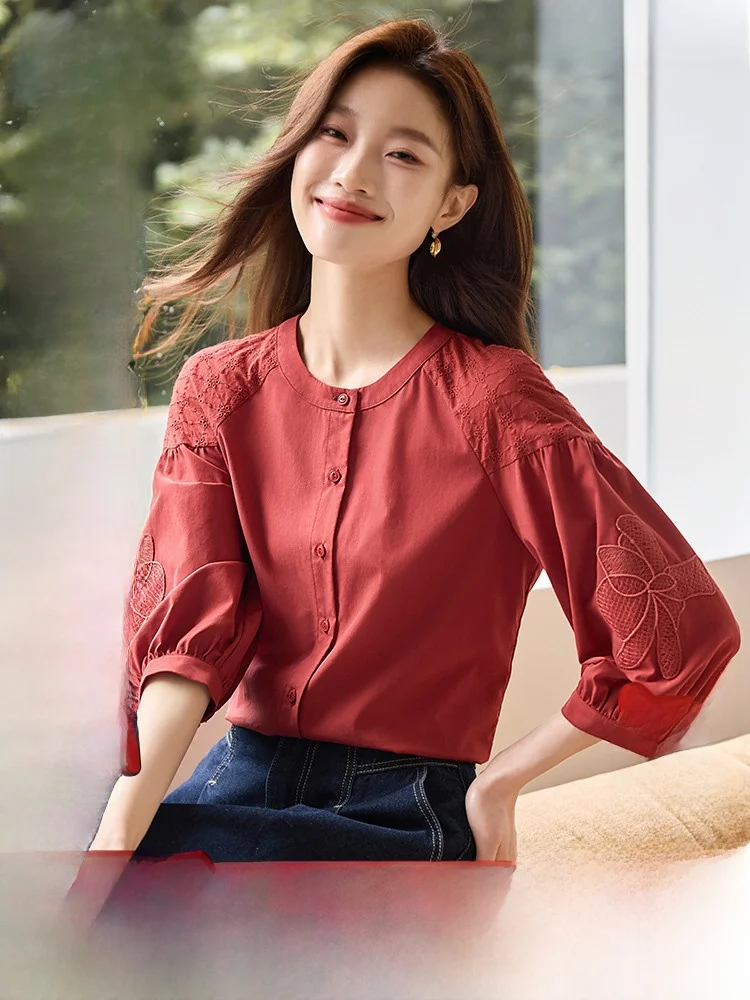 Xiworld красная французская рубашка с рукавом три четверти женская ранняя осень 2024