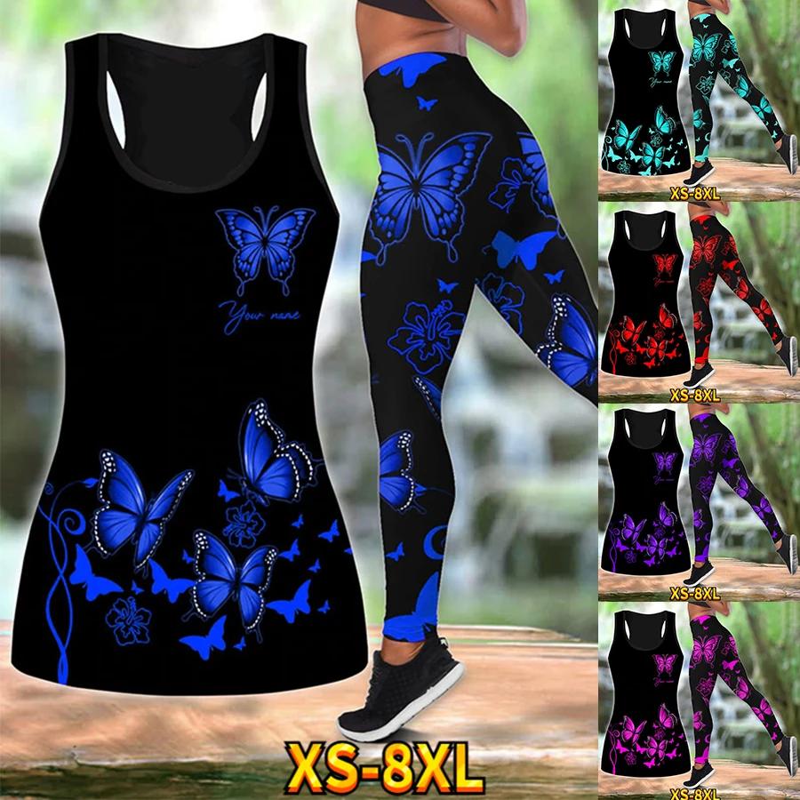 

Ladies Butterfly Print Top Vest Set Summer Ladies Travel Gym Exercise Yoga Pants Quick Dry Plastic Butt Breathable XS-8XL