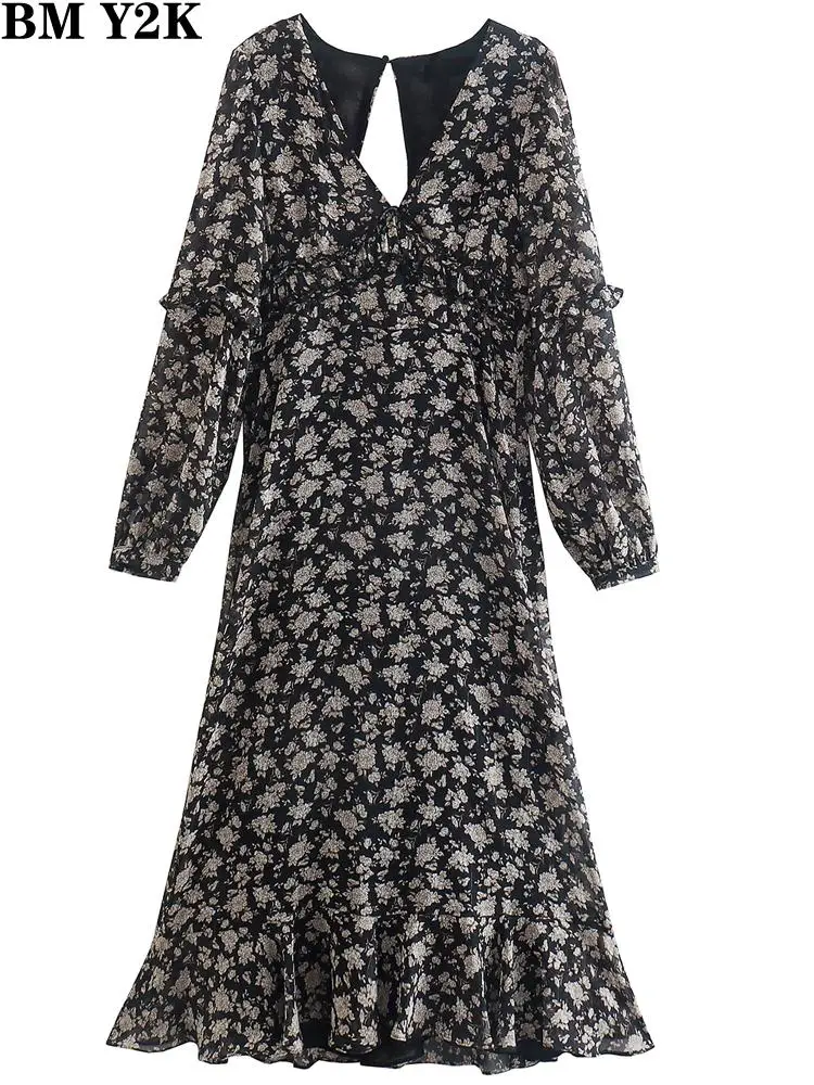 

BM Y2K dresses for women 2021 fashion french floral print ruffled midi dress vintage v neck long sleeve female vestidos mujer