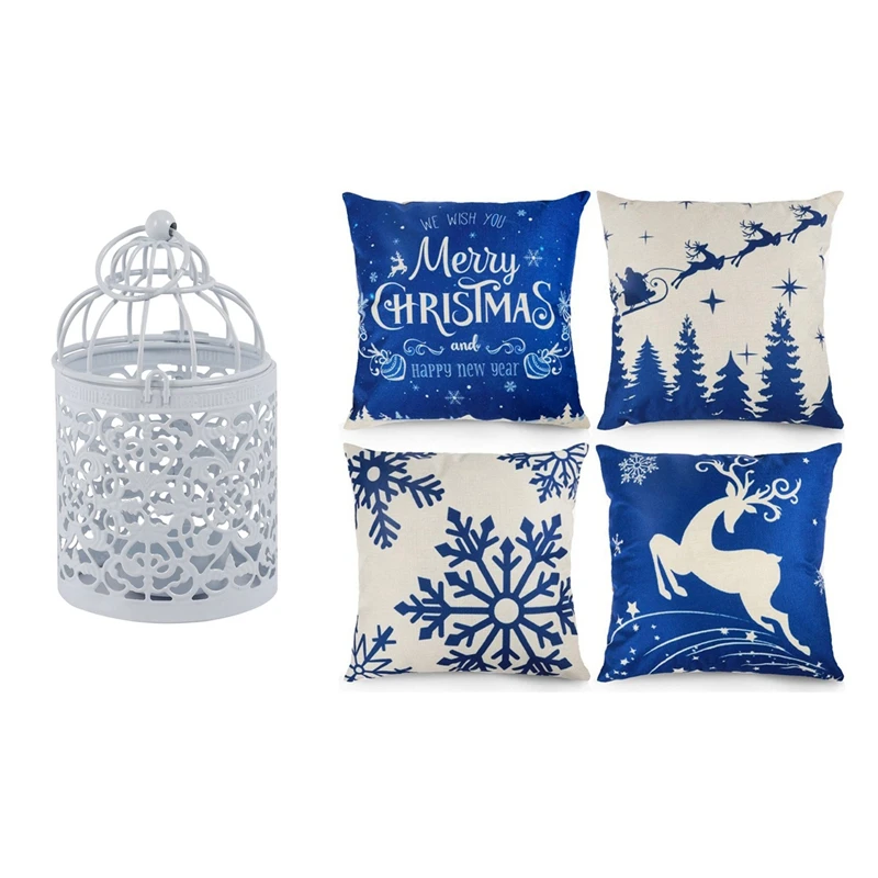 

Moroccan Lantern Votive Candle Holder Hanging Lantern Candlesticks & Christmas Winter Pillow Covers Blue Snowflakes