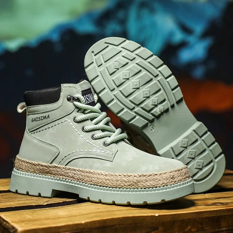 Осенне-зимние модные зеленые мужские рабочие ботинки удобные на платформе