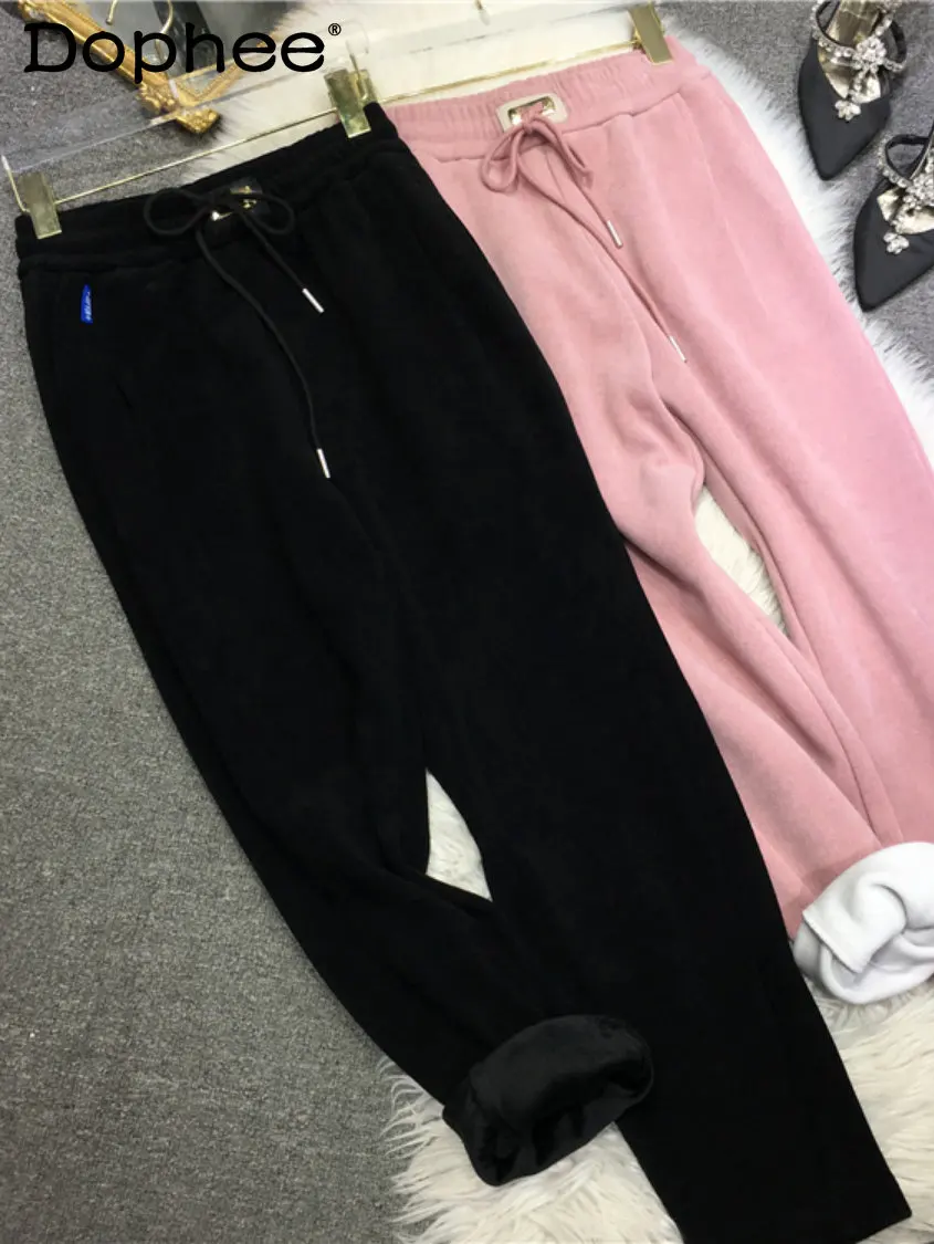 

Утепленные розовые спортивные брюки на флисовой подкладке, Женские Простые Модные черные повседневные брюки, зимние свободные длинные брю...