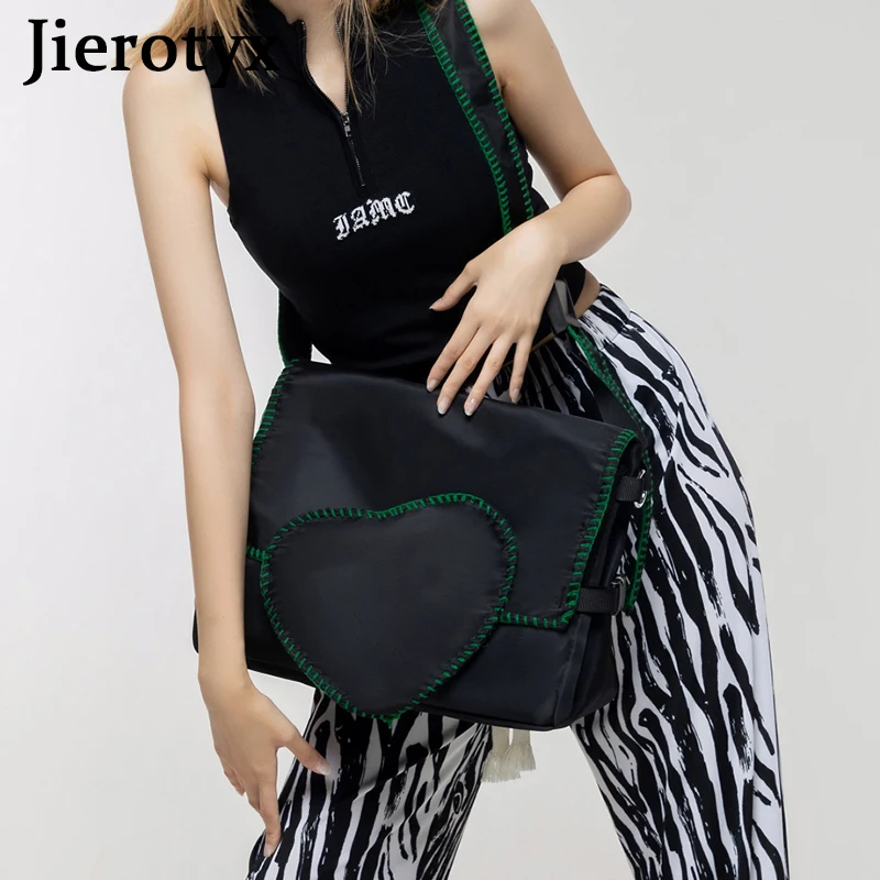 

JIEROTYX Japan Style Nylon Flap Solid Women Shoulder Bag Handbag Purse Sewing Heart Shape High Capacity Tote Bags Fashion Buckle
