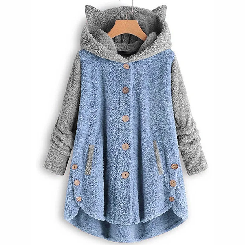 

Single Breasted Winter Coat Women Ear Cat Warm Coats Flannel Soft Hood Clothes Black Full Sleeve Parka Ladies Hooded Parkas LM30