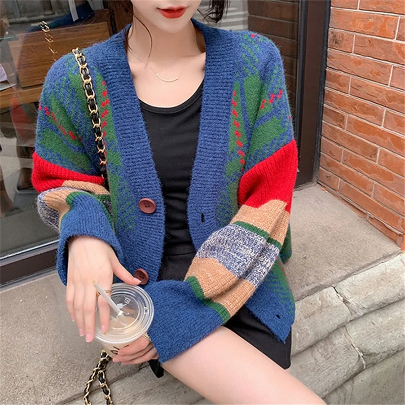 

Outer Wear Retro Loose Large Size Autumn New Knitted Coat Top Women's 2023 Contrast Color Check Cardigan Sweater Women's