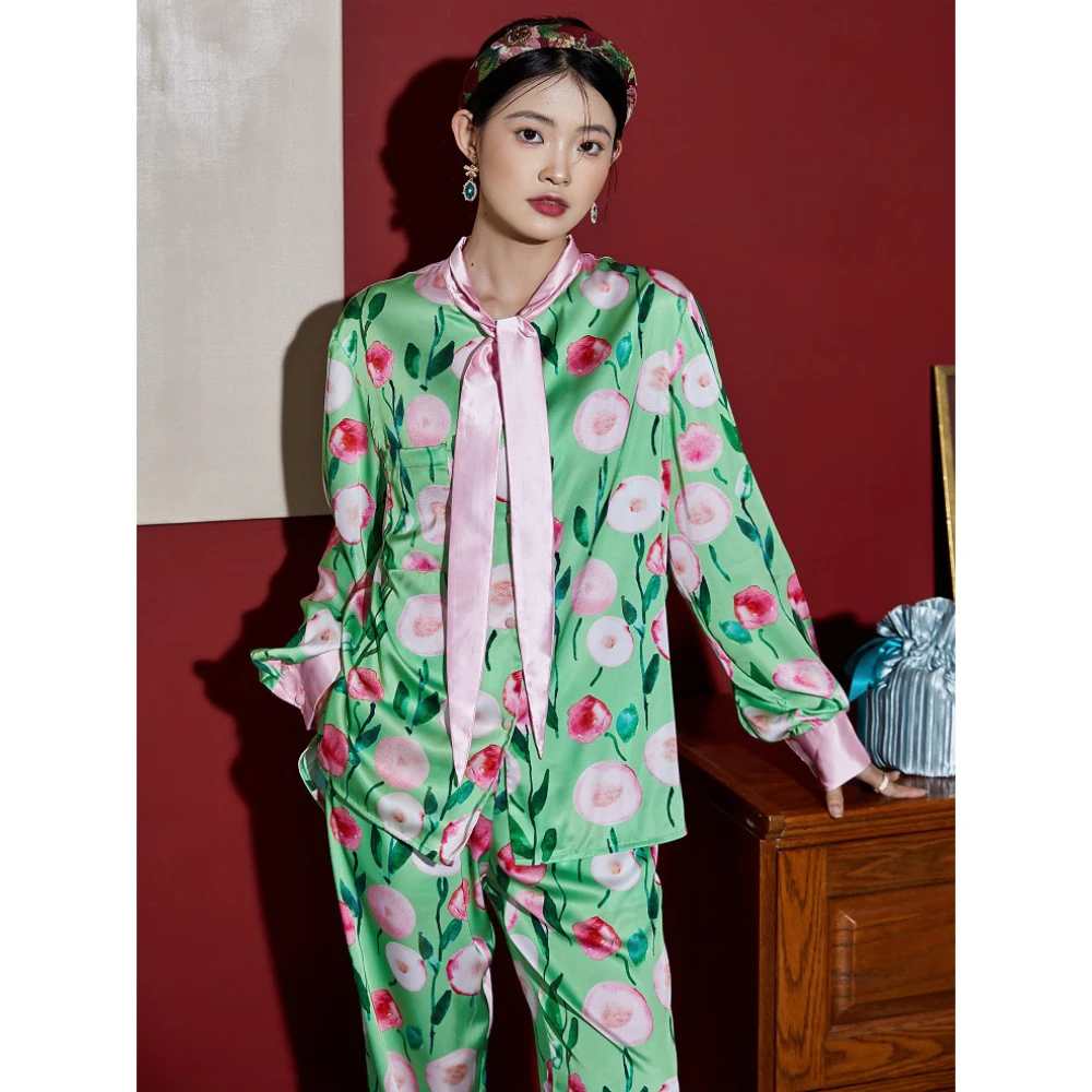 Maison Gabrielle 2022 Spring Summer New Printed Pajamas Set Koungewear Sleepwear for Women 2 Piece Long Sleeve Silk Chinoirserie