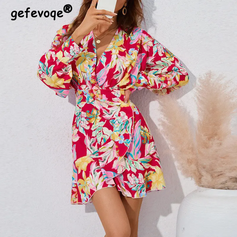 Купи Elegant Floral Print Sexy Deep V Neck Ruffle Slim Party Dresses for Women Autumn Fashion Long Sleeve Street Mini Dress Vestidos за 1,162 рублей в магазине AliExpress