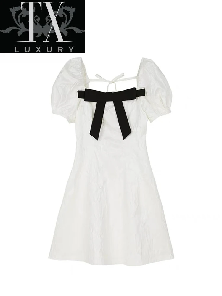 

Women Summer Dress Fashion White Elegant Square Collar Puff Sleeve Backless Sweet Bow Party Beach Vacation Casual Mini Dresses