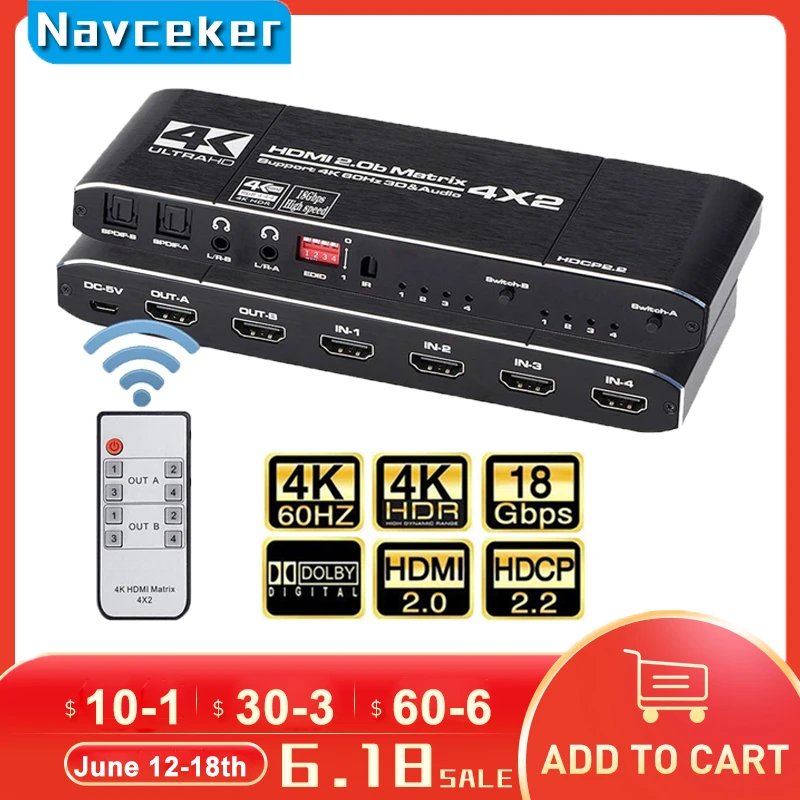 2023 4K@60Hz  HDMI Matrix 4x2 Switch Splitter Support HDCP 2.2 IR Remote Control HDMI Switch 4x2 Spdif 4K HDMI 4x2 Matrix Switch